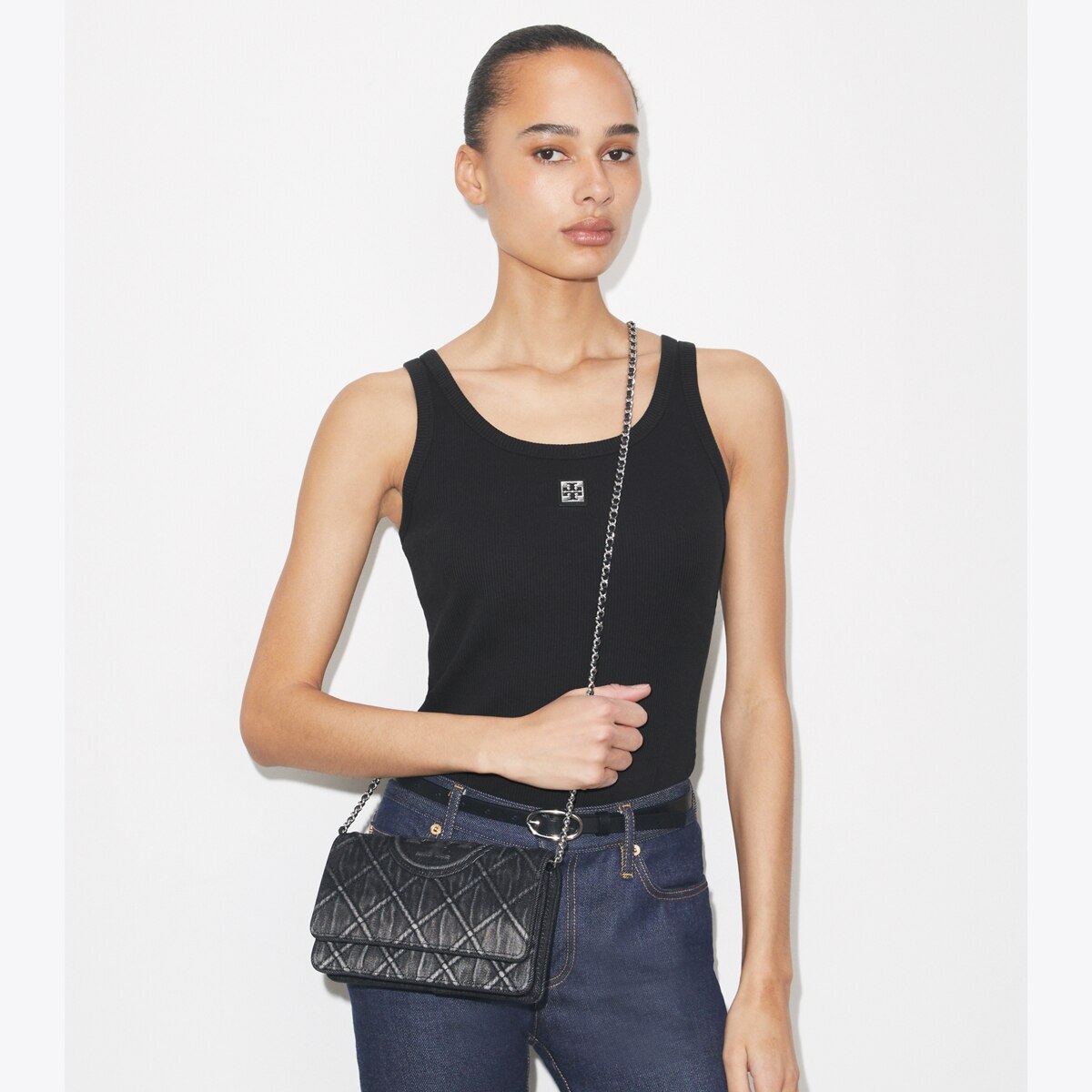 کیف کراسبادی زنانه Tory Burch مدل Fleming Denim Chain in black, size OS مشکی
